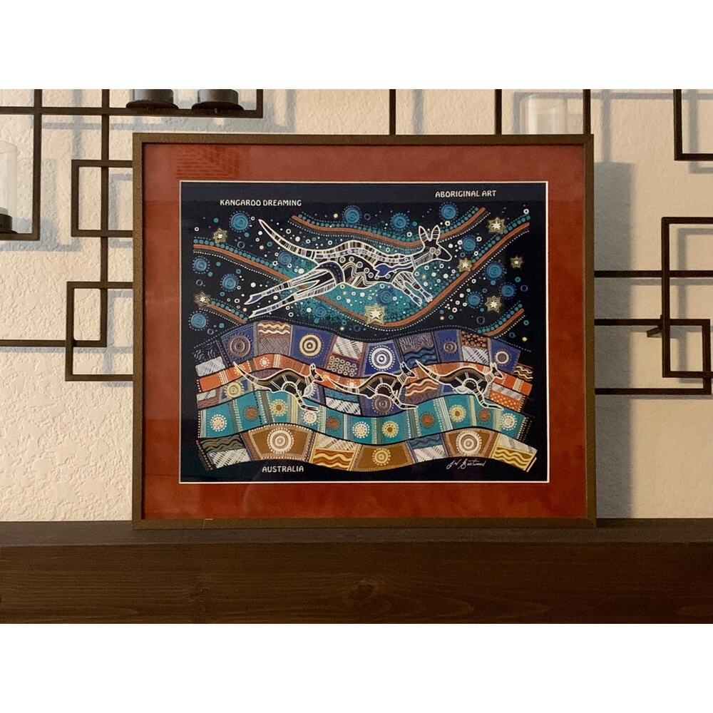 Vintage Framed Indigenous Australian Art Print "Kangaroo Dreaming" J.W. Eastwood